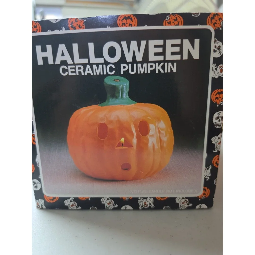 Vintage Halloween Pumpkin Earthenware Jack O' Lantern Ceramic Candle Cover